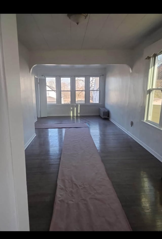 7759 S Kingston Ave Unit 1S, Chicago, IL 60649 - hallway featuring arched walkways, dark wood-style floors, and radiator heating unit