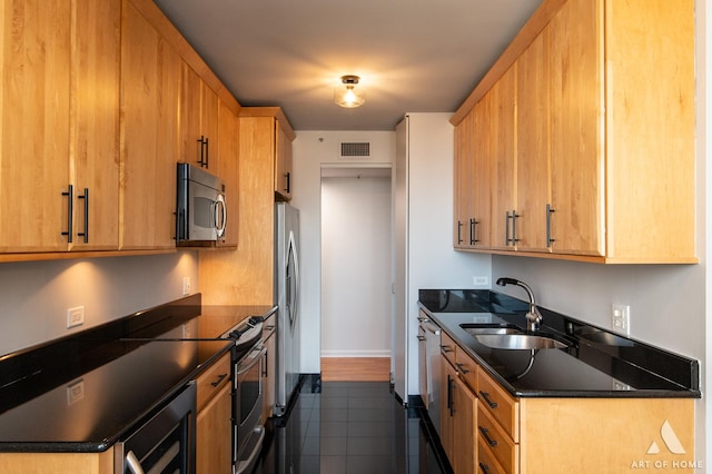 400 E Ohio St Unit 2302, Chicago, IL 60611 - kitchen with stainless steel appliances, dark countertops, beverage cooler, and dark tile patterned floors