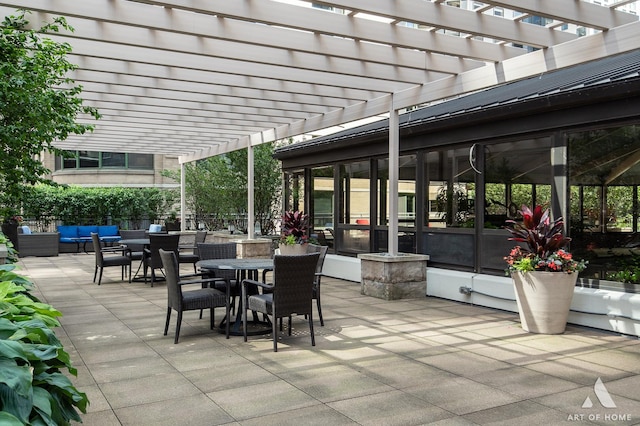 400 E Ohio St Unit 2302, Chicago, IL 60611 - view of patio with outdoor dining area, an outdoor living space, a pergola, and a sunroom