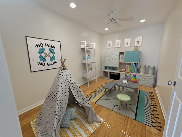 3300 N Carriageway Dr Unit 307, Arlington Heights, IL 60004 - recreation room featuring ceiling fan, wood finished floors, and recessed lighting