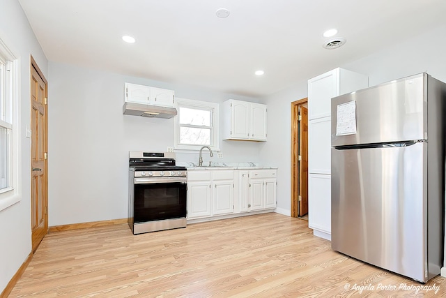 208 W Nippersink Rd, Round Lake, IL 60073 - kitchen featuring appliances with stainless steel finishes, under cabinet range hood, light wood finished floors, white cabinetry, and light countertops