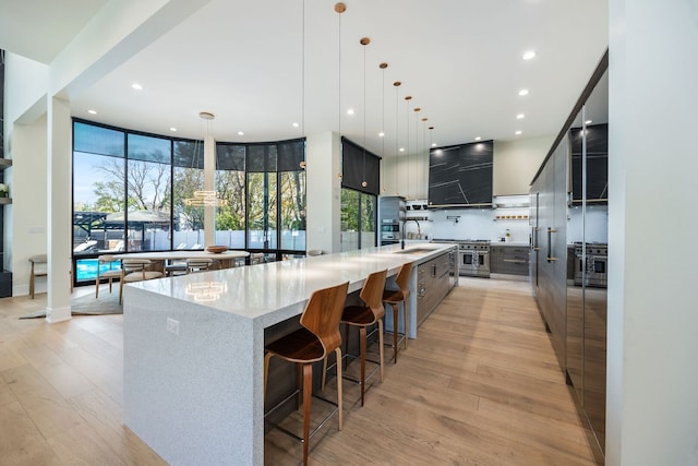 2110 Pfingsten Rd, Northbrook, IL 60062 - kitchen featuring modern cabinets, exhaust hood, light wood finished floors, decorative backsplash, and a large island with sink