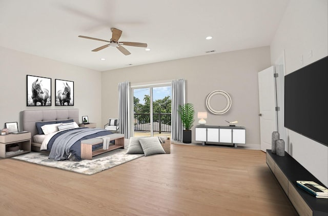 5041 N Octavia Ave, Harwood Heights, IL 60706 - bedroom with light wood-style floors, a ceiling fan, recessed lighting, and access to exterior