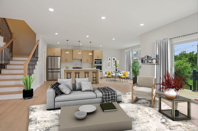 5041 N Octavia Ave, Harwood Heights, IL 60706 - living area with stairs, light wood-style floors, and recessed lighting