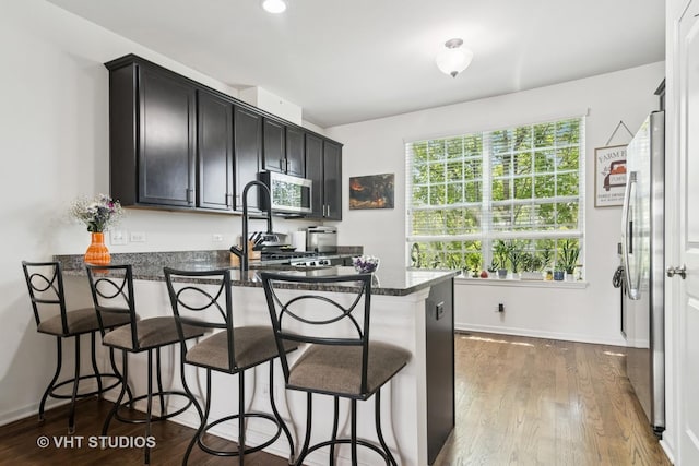 1527 E Arbor Ln, Arlington Heights, IL 60004 - kitchen with stainless steel appliances, a peninsula, dark cabinets, dark wood-style floors, and a kitchen bar