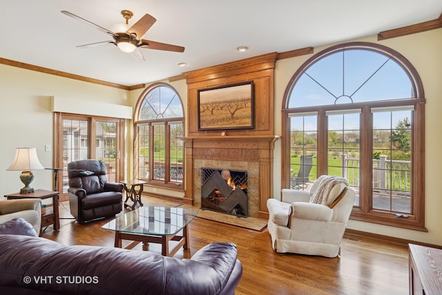 10603 Royal Porthcawl Dr, Naperville, IL 60564 - living area featuring ornamental molding, a ceiling fan, a fireplace, wood finished floors, and recessed lighting
