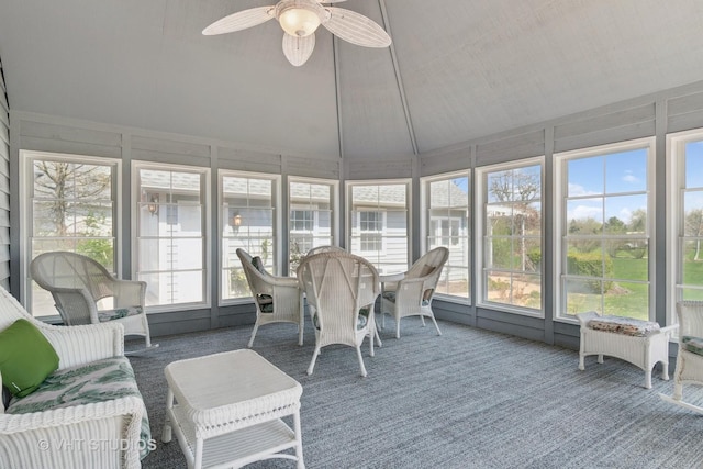 10603 Royal Porthcawl Dr, Naperville, IL 60564 - sunroom / solarium featuring a ceiling fan, healthy amount of natural light, lofted ceiling, and outdoor dining area