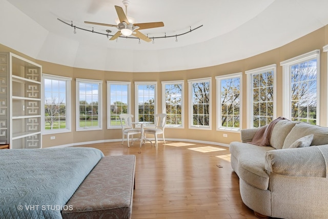 10603 Royal Porthcawl Dr, Naperville, IL 60564 - bedroom featuring rail lighting, wood finished floors, and a ceiling fan