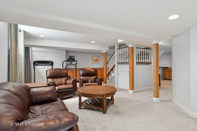 10603 Royal Porthcawl Dr, Naperville, IL 60564 - living room with light carpet, stairs, and recessed lighting