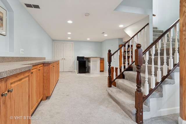 10603 Royal Porthcawl Dr, Naperville, IL 60564 - stairway featuring recessed lighting, carpet floors, and bar area