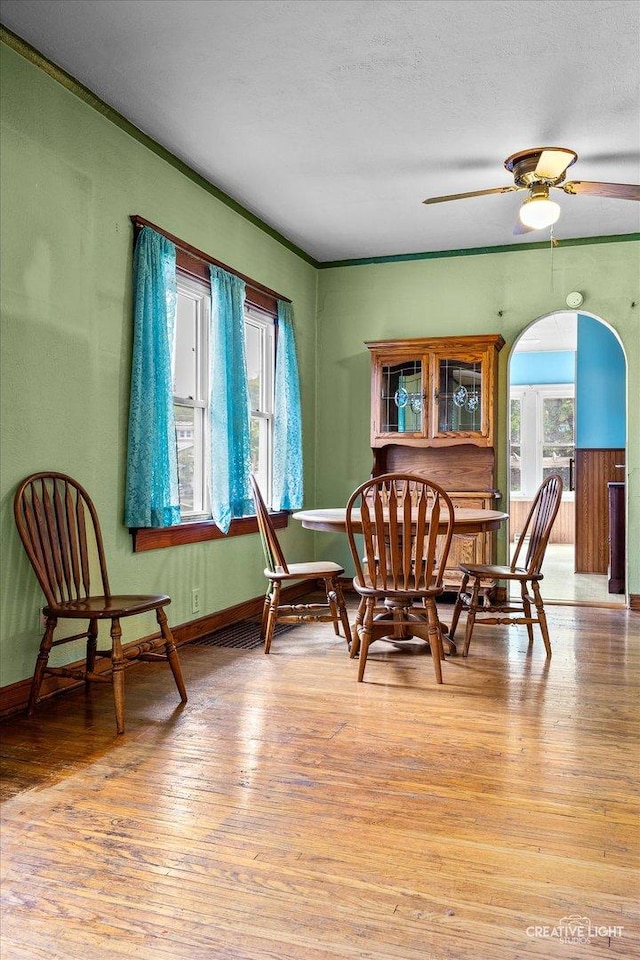 613 Jackson St, Aurora, IL 60505 - dining area with light wood-style floors, arched walkways, and a ceiling fan
