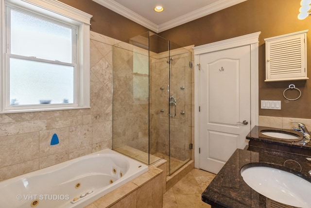 4714 W Berteau Ave Unit 1N, Chicago, IL 60641 - bathroom featuring a shower stall, a jetted tub, crown molding, double vanity, and healthy amount of natural light