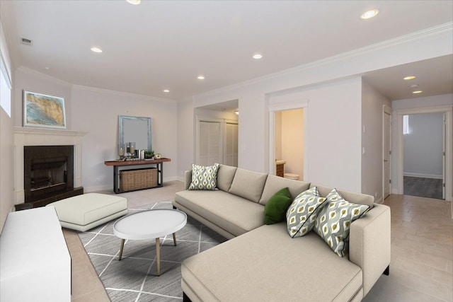 4714 W Berteau Ave Unit 1N, Chicago, IL 60641 - living area featuring crown molding, recessed lighting, and a fireplace with raised hearth