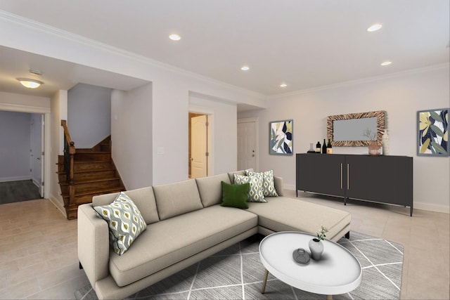 4714 W Berteau Ave Unit 1N, Chicago, IL 60641 - living room featuring recessed lighting, crown molding, stairs, and light tile patterned flooring