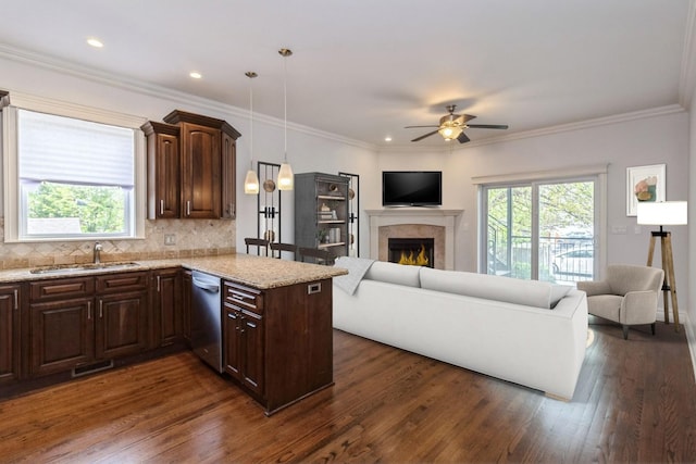 4714 W Berteau Ave Unit 1N, Chicago, IL 60641 - kitchen with open floor plan, stainless steel dishwasher, dark wood-style flooring, ceiling fan, and crown molding
