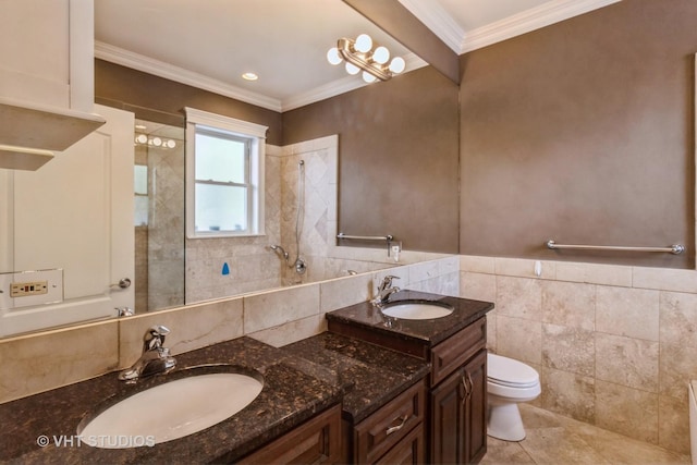 4714 W Berteau Ave Unit 1N, Chicago, IL 60641 - full bath featuring tile walls, double vanity, tile patterned floors, tiled shower, and crown molding