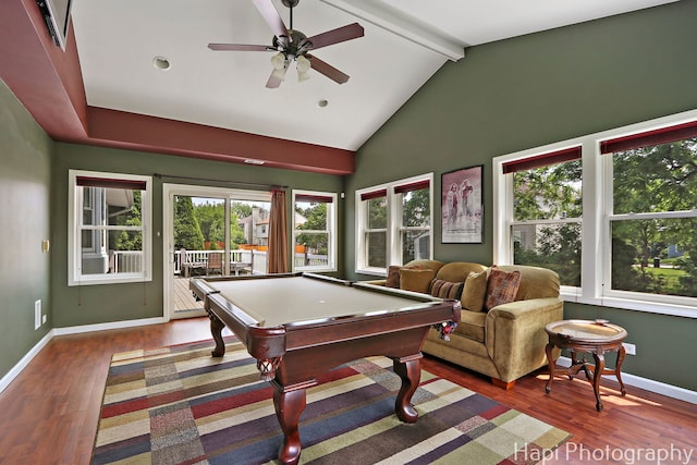 7 Kensington Ct, Streamwood, IL 60107 - playroom featuring wood finished floors, beamed ceiling, pool table, ceiling fan, and high vaulted ceiling