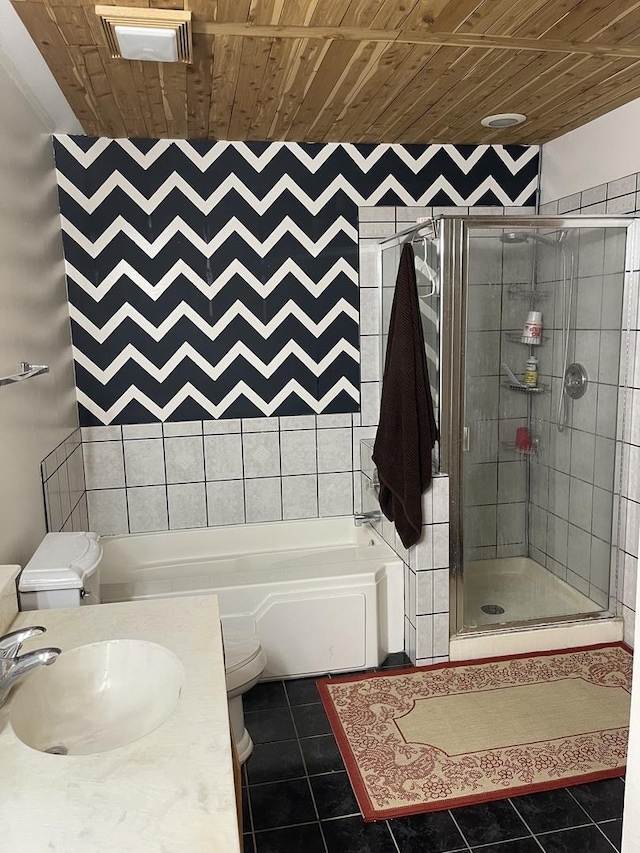 3S043 Timber Dr Unit 043, Warrenville, IL 60555 - bathroom featuring wooden ceiling, tile patterned flooring, a stall shower, a bath, and vanity
