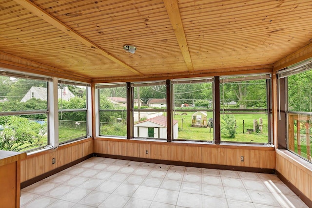 1011 Mark St, South Elgin, IL 60177 - unfurnished sunroom with tile patterned floors, wooden walls, and wood ceiling