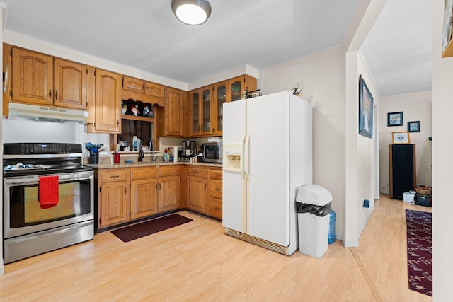 1508 N River Rd, Mchenry, IL 60051 - kitchen with stainless steel electric range oven, white fridge with ice dispenser, under cabinet range hood, ornamental molding, and light wood-type flooring