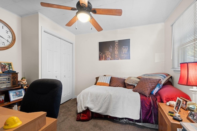 1508 N River Rd, Mchenry, IL 60051 - bedroom featuring carpet, ornamental molding, a closet, and a ceiling fan