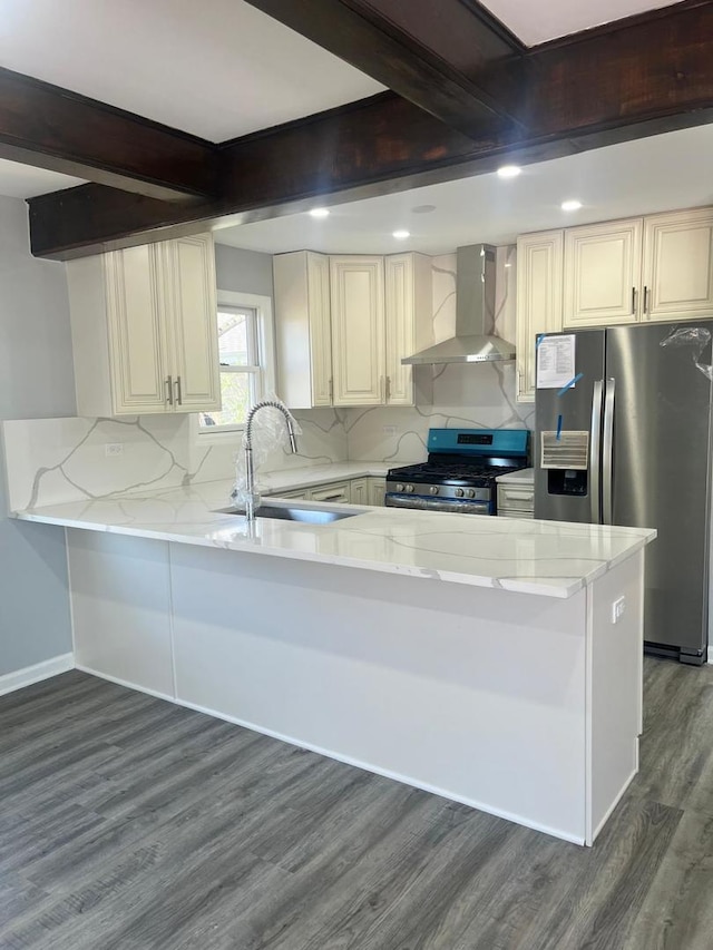 165 Arrowhead Ln, Bolingbrook, IL 60440 - kitchen with appliances with stainless steel finishes, wall chimney range hood, dark wood-type flooring, decorative backsplash, and beamed ceiling