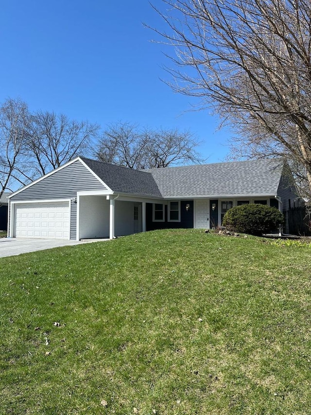 165 Arrowhead Ln, Bolingbrook, IL 60440 - ranch-style house with a garage, a front lawn, driveway, and roof with shingles