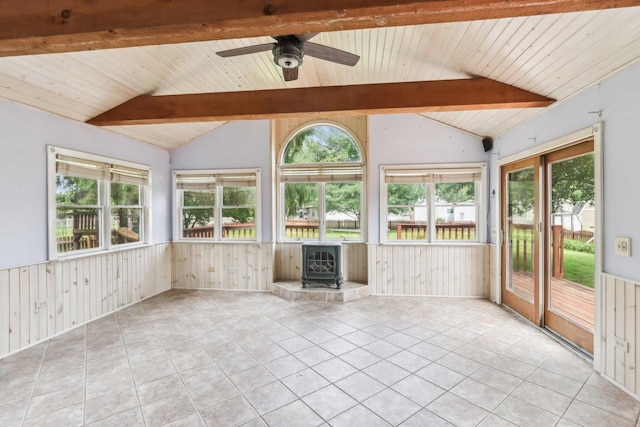 1888 Irene Rd, Sandwich, IL 60548 - unfurnished sunroom featuring wainscoting, healthy amount of natural light, a wood stove, ceiling fan, and wooden ceiling