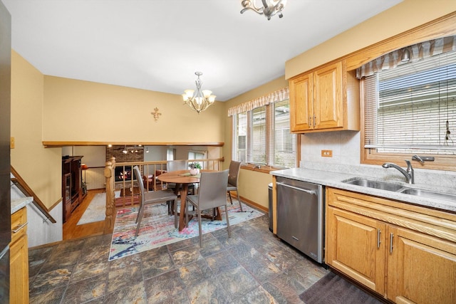 7542 Mason Ave, Burbank, IL 60459 - kitchen featuring stainless steel dishwasher, a chandelier, stone finish flooring, decorative backsplash, and pendant lighting