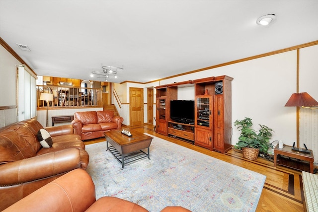 7542 Mason Ave, Burbank, IL 60459 - living area with ornamental molding, wood finished floors, and stairway
