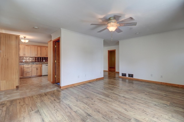1806 New High St, Rock Falls, IL 61071 - unfurnished living room featuring ceiling fan, light wood finished floors, and crown molding