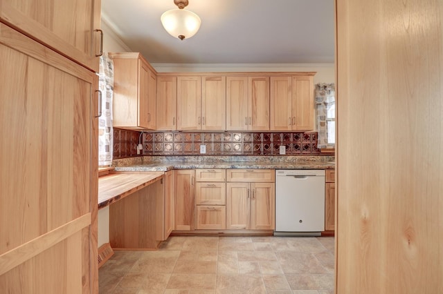 1806 New High St, Rock Falls, IL 61071 - kitchen featuring white dishwasher, light brown cabinets, backsplash, ornamental molding, and butcher block counters