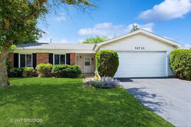 5S730 Malibu Ln, Naperville, IL 60540 - single story home with driveway, a front lawn, a garage, brick siding, and a shingled roof