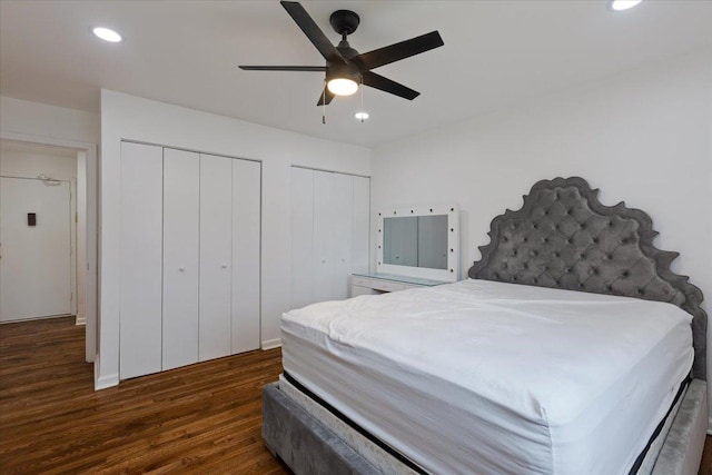 8916 Kenneth Dr Unit 1E, Des Plaines, IL 60016 - bedroom featuring wood finished floors, two closets, recessed lighting, and a ceiling fan