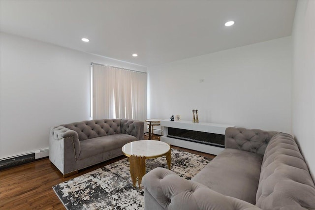 8916 Kenneth Dr Unit 1E, Des Plaines, IL 60016 - living room with wood finished floors, a baseboard heating unit, and recessed lighting