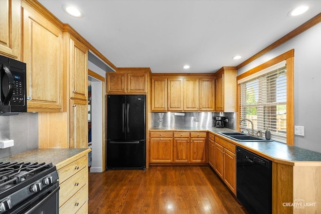 189 Cross St, Sugar Grove, IL 60554 - kitchen with black appliances, dark wood finished floors, backsplash, crown molding, and recessed lighting