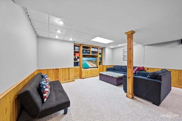 189 Cross St, Sugar Grove, IL 60554 - living room with wood walls, a wainscoted wall, carpet floors, a paneled ceiling, and recessed lighting