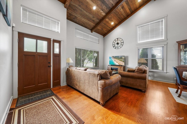 189 Cross St, Sugar Grove, IL 60554 - living room featuring high vaulted ceiling, a wood ceiling with exposed beams, light wood-style flooring, and recessed lighting