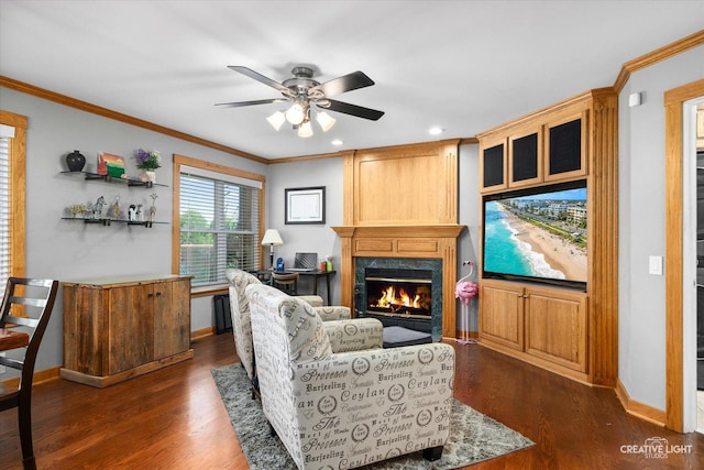 189 Cross St, Sugar Grove, IL 60554 - living area featuring a premium fireplace, ceiling fan, dark wood-style floors, ornamental molding, and recessed lighting