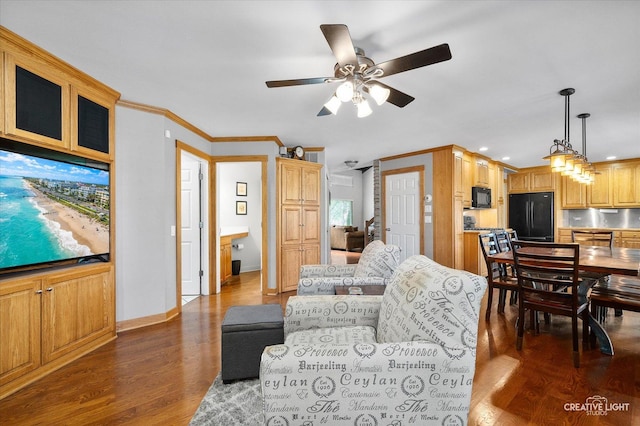 189 Cross St, Sugar Grove, IL 60554 - living area with ceiling fan, dark wood-type flooring, ornamental molding, and recessed lighting