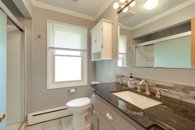38W333 Oakwood Dr, Saint Charles, IL 60175 - full bathroom with baseboard heating, a stall shower, vanity, and crown molding