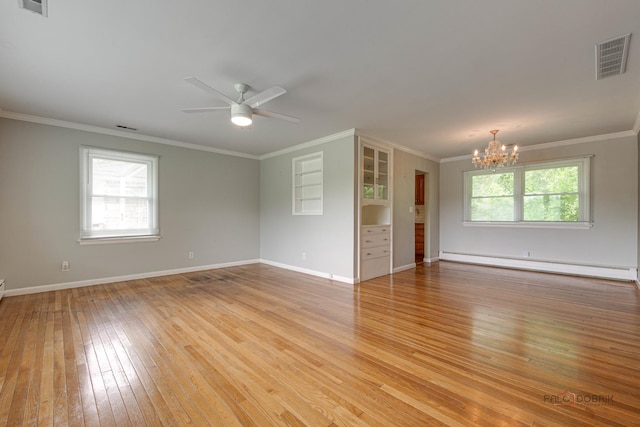 38W333 Oakwood Dr, Saint Charles, IL 60175 - unfurnished room with a baseboard radiator, a chandelier, light wood-style floors, plenty of natural light, and ornamental molding