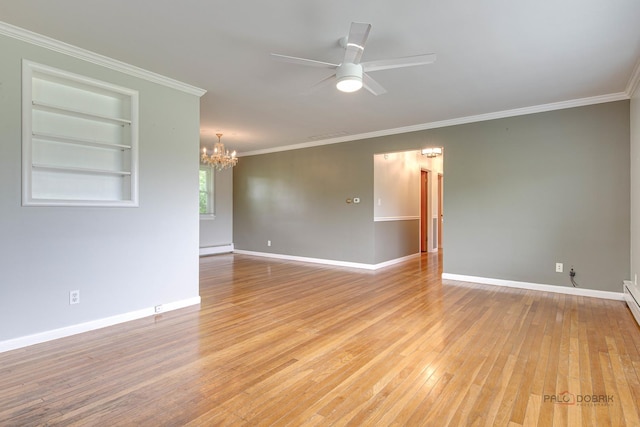38W333 Oakwood Dr, Saint Charles, IL 60175 - empty room featuring a chandelier, ceiling fan, light wood-type flooring, baseboard heating, and ornamental molding