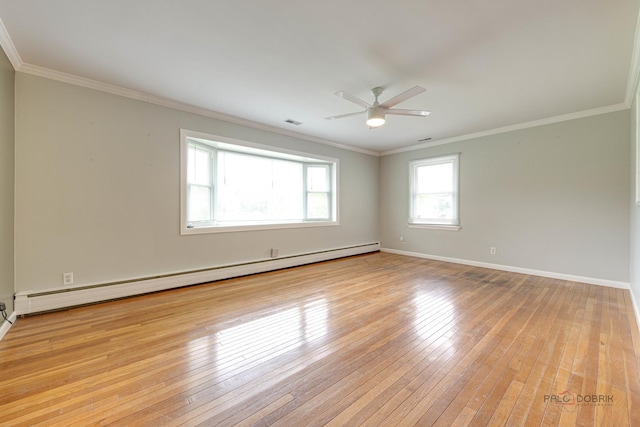 38W333 Oakwood Dr, Saint Charles, IL 60175 - empty room with baseboard heating, ceiling fan, light wood-style floors, and crown molding