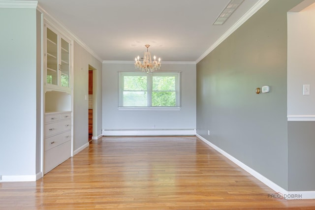 38W333 Oakwood Dr, Saint Charles, IL 60175 - unfurnished dining area with a baseboard radiator, light wood-style flooring, a chandelier, and ornamental molding