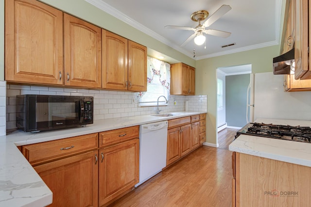 38W333 Oakwood Dr, Saint Charles, IL 60175 - kitchen featuring white appliances, a ceiling fan, light wood-type flooring, backsplash, and ornamental molding