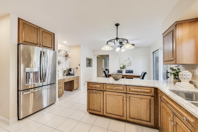4116 N Terramere Ave, Arlington Heights, IL 60004 - kitchen featuring stainless steel fridge, brown cabinets, a peninsula, a chandelier, and light tile patterned flooring