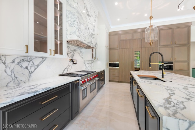219 Lincoln Dr, Glencoe, IL 60022 - kitchen featuring range with two ovens, decorative backsplash, light stone countertops, glass insert cabinets, and custom range hood
