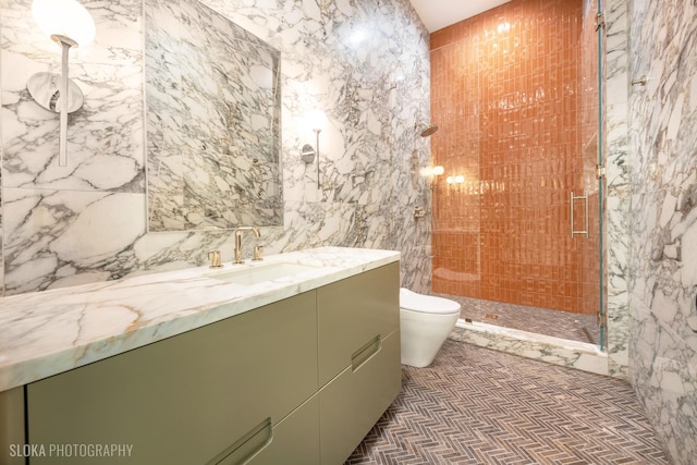 219 Lincoln Dr, Glencoe, IL 60022 - bathroom with vanity, a stall shower, and tile walls