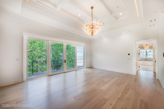 219 Lincoln Dr, Glencoe, IL 60022 - unfurnished room with a chandelier, light wood finished floors, coffered ceiling, and beamed ceiling